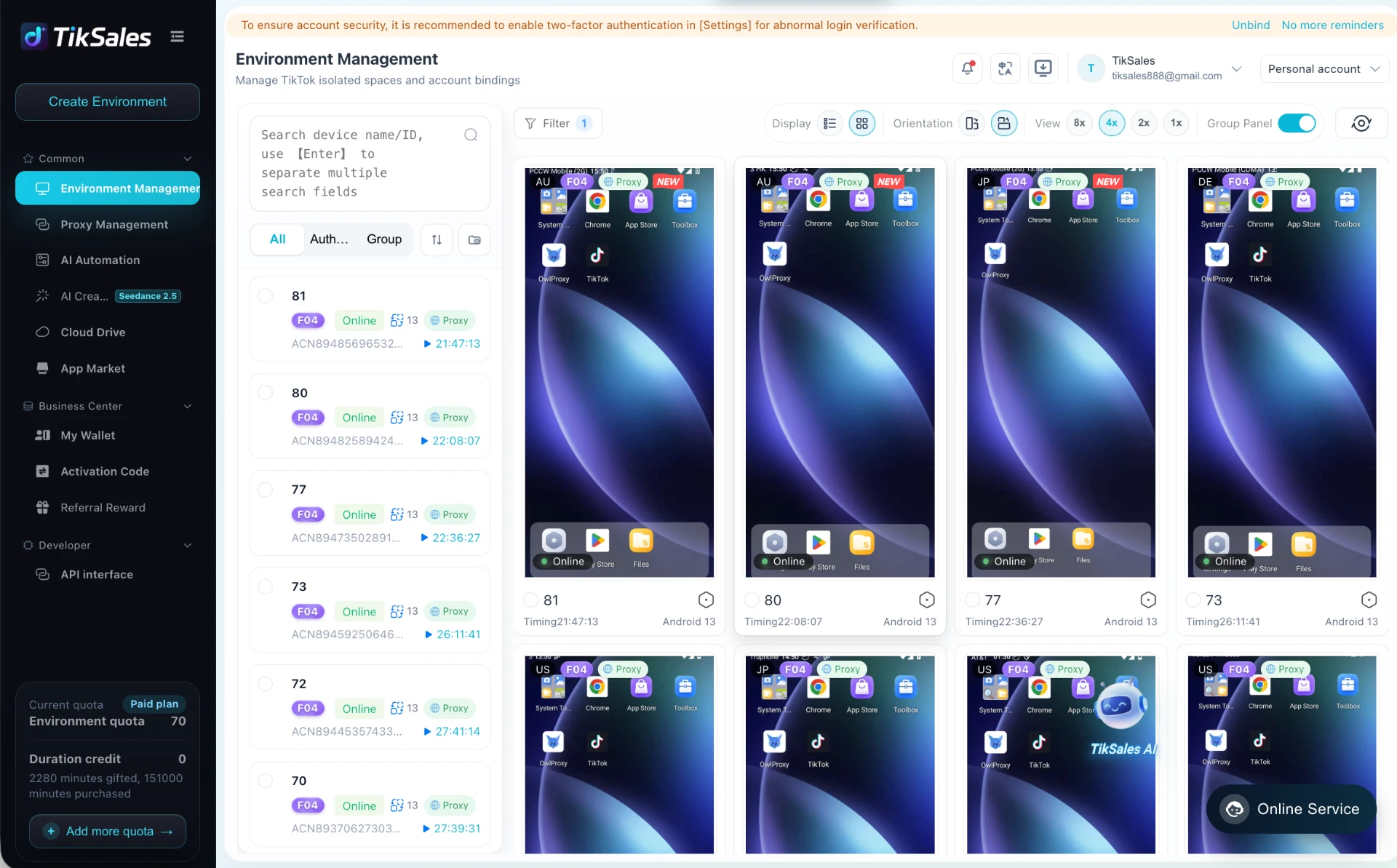 TikSales environment management console running multiple cloud phones